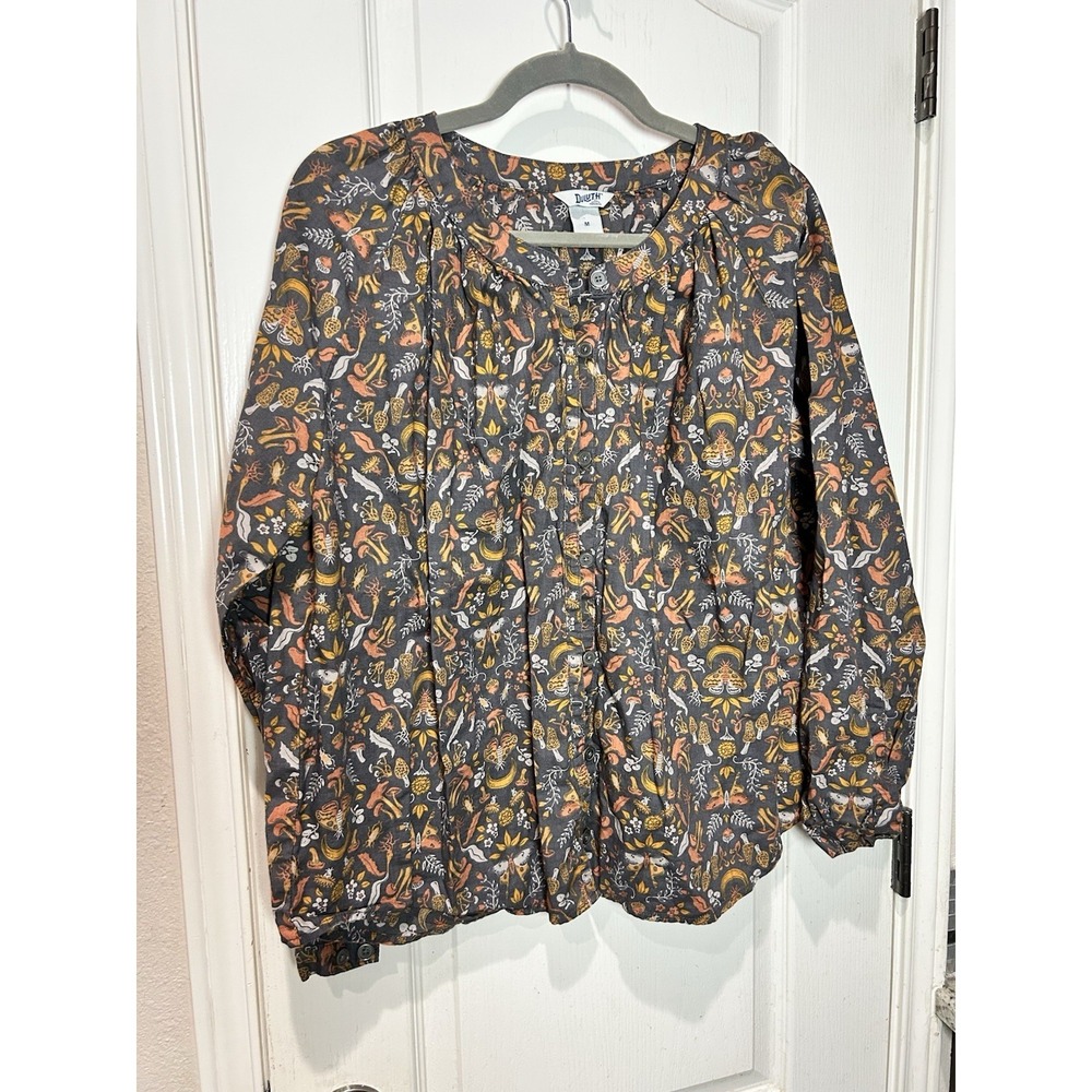 Duluth Trading Co Women  Printmaker Shirt Buttondown Mushroom Moth Sz M Plants